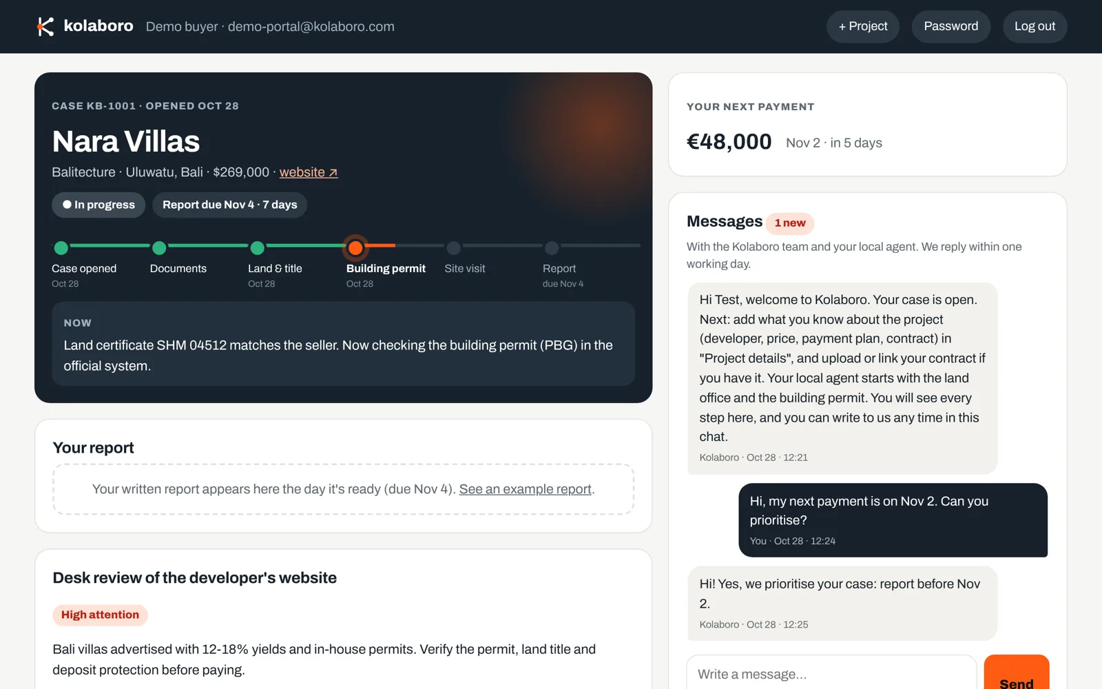 Kolaboro client portal: case KB-1001 with six verification stages, the next payment and a chat with the Kolaboro team